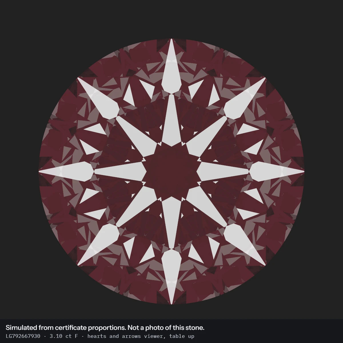 3.10 ct F VS1 Round Lab-Grown Diamond, simulated hearts and arrows viewer