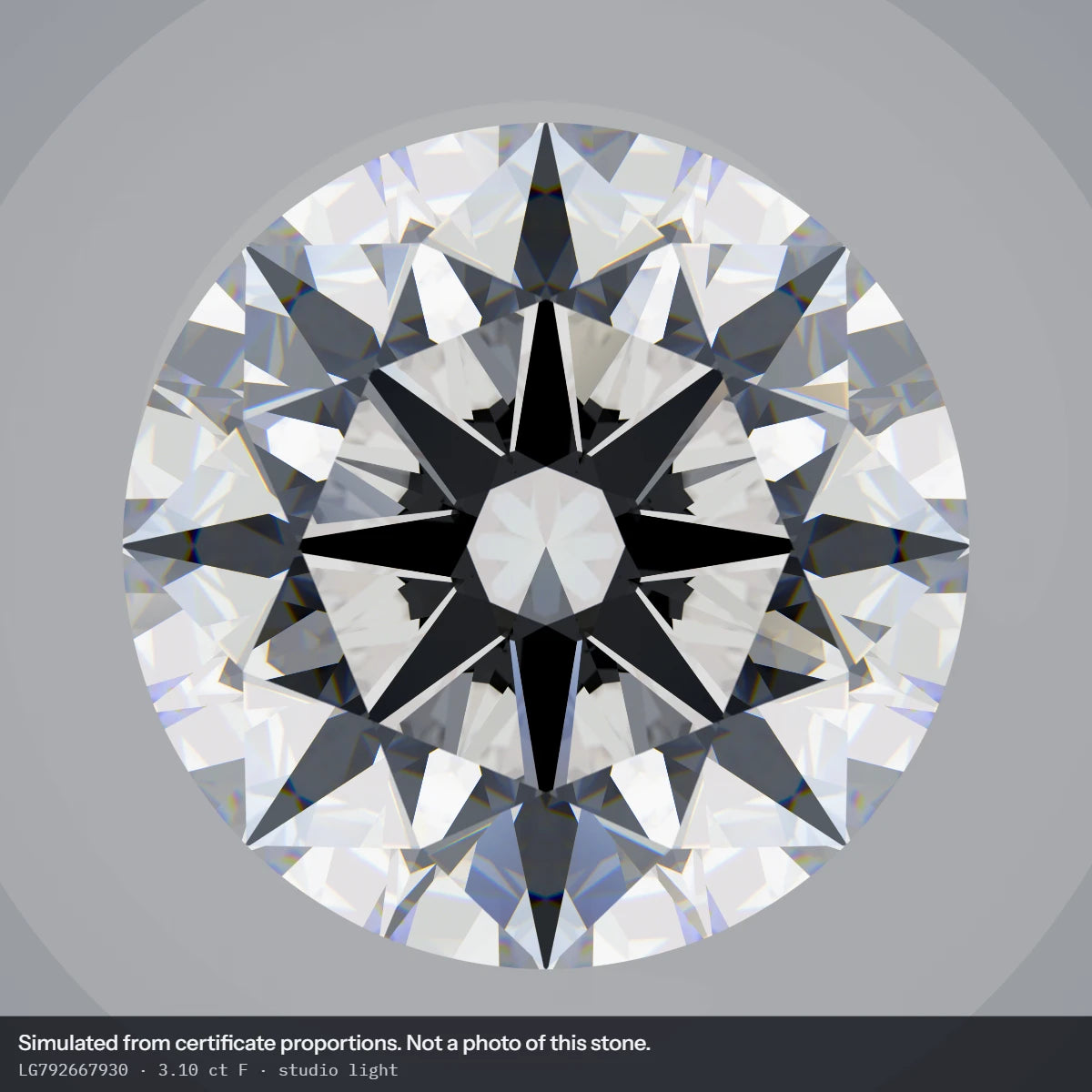 3.10 ct F VS1 Round Lab-Grown Diamond, simulated studio light
